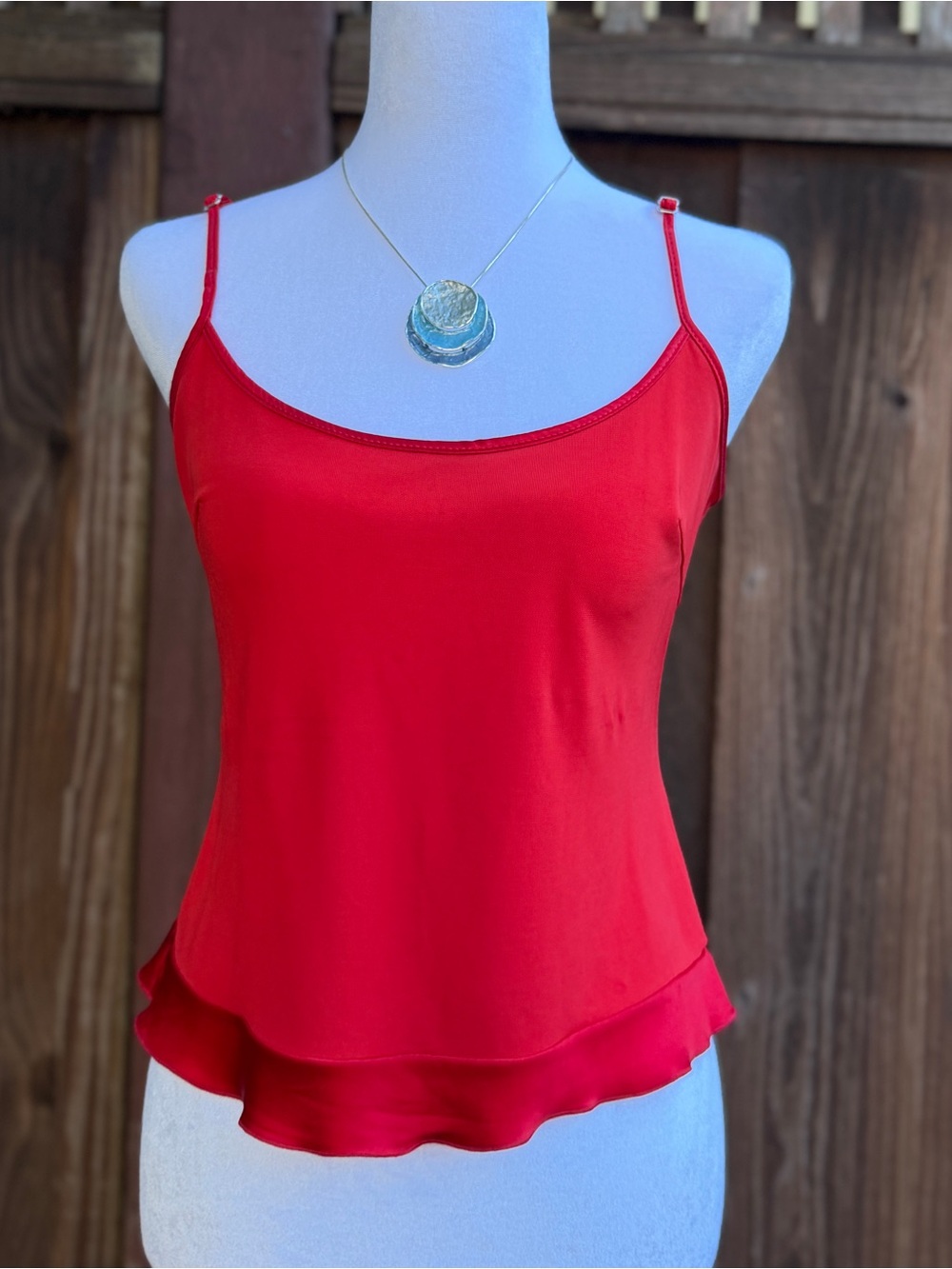Vintage Y2K - Red Slip Camisole - Silk Chiffon Ruffle Hem - Spaghetti Strap Cami